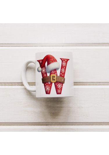 W Harfi Yılbaşı Temalı Bardak 330 Ml Harfli Kişiye Özel Hediye - Yeniyıl / Noel Şapka Tasarım Beyaz