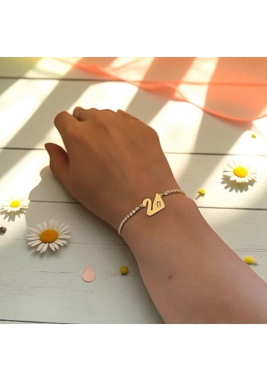 Archin U Harfine Özel Beyaz Taş Detaylı Kuğu Kuşu Motifli 14 Ayar Altın Plakalı Hediye Bileklik-601harf U