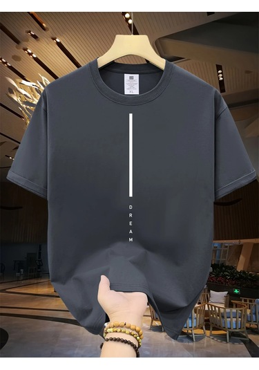 Guılan Erkek Yazlık %100 Pamuk Rahat Spor Tişört - Rüya Mektup Baskılı Kısa Kollukoyu Gri Koyu Gri