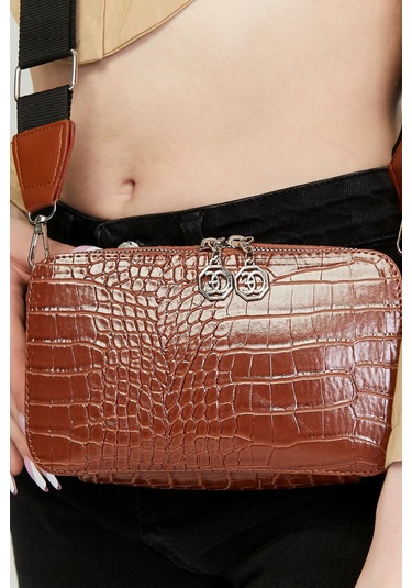 Morpelikan Taba Kroko İki Bölmeli Kadın Omuz Çantası Taba