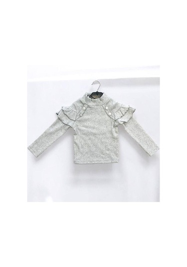 Kız Çocuk Kışlık Kolları Fırfırlı Örme Kazak-14423 Gri