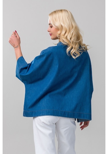 Kadın Gömlek Yakalı Yaka İndigo Mavi Kol Ucu Manşetli İnce Kot Kumaş Bluz İndigo