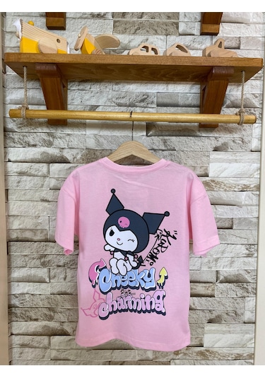 Aysbebe Kuromi Cheeky Baskılı Fırçalı Kumaş Kız Çocuk Tişört Pembe 2110