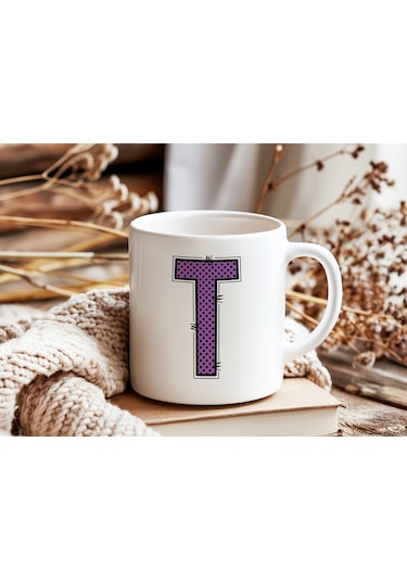 T Harfi Mor Puantiyeli Kupa Bardak - Polka Dot Tasarım Kahve Çay Bardak - Kişiye Özel Hediyelik Beyaz