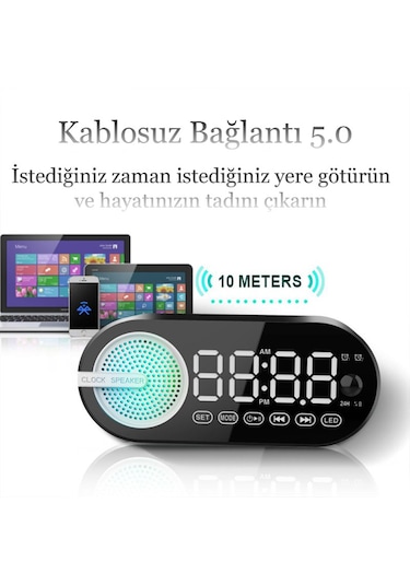 Sessiz Kablosuz Led Dijital Saat Alarm Ayna Bluetooth Hoparlör