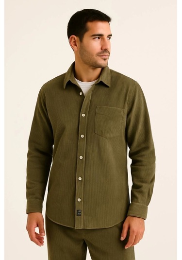 Erkek Fitilli Kadife Cepli Gömlek Oversize Rahat Kalıp - Haki Haki