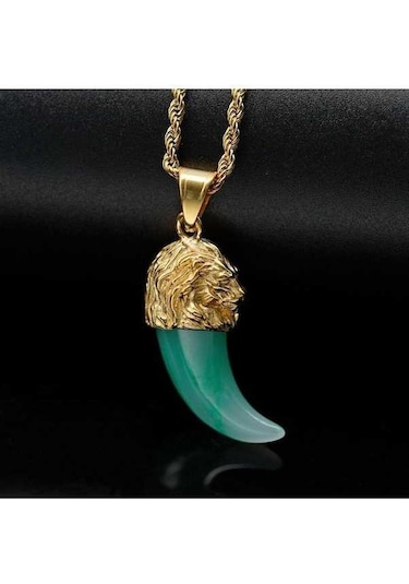 Novahub Yeşil Aslan Kafası Kurt Dişleri Paslanmaz Çelik Kolye - Unisex Moda Kolye - Popüler Kişiselleştirilmiş Hegemonya Giyen Aksesuarlar Yeşil