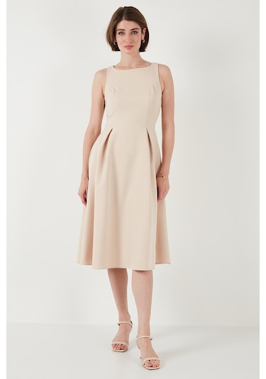 Lela Bisiklet Yaka Regular Fit Cepli Pileli Midi Bayan Elbise 6051963 Taş