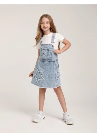 Kız Çocuk Yıldız Desenli Kot Şort Etek Salopet-15639 Mavi