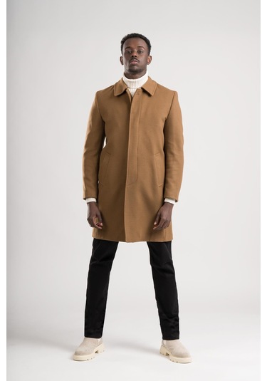 Yakalı Klasik Kesim Düğmeli Uzun Kaşe Erkek Kaban Taba