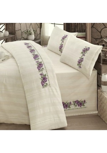Buldan İşi Kanaviçe Nakışlı Çift Kişilik Nevresim Takımı-Lila Krem
