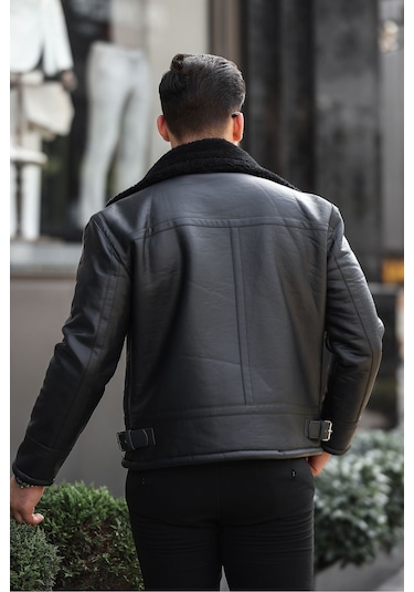 Erkek Napa Deri Çapraz Fermuarlı İçi Full Kürklü Yüksek Kalite Slim Fit Siyah Mont & Ceket Siyah