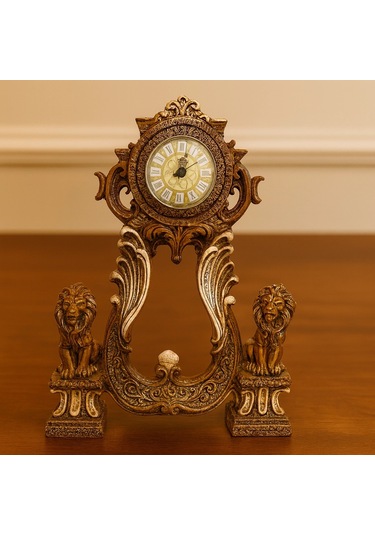 Aslan Figürlü Dekoratif Masa Saati Kraliyet Tarzı 40x28 A.kahve