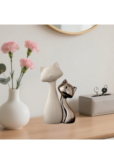 Homyl Şömine Masası Ofisi Için 2 Parça Kedi Heykeli Seramik Küçük