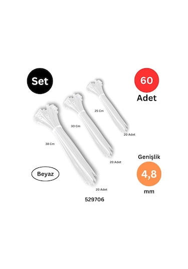 Plastik Kablo Bağı, 250-300-380 Mm X 4.8 Mm, 60 Adet, Beyaz