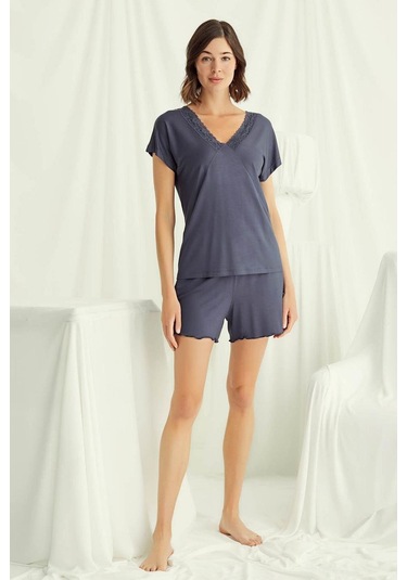 Monamise 18502 Kadın V Yaka Kısa Kollu Şortlu Pijama Takımı-lacivert Lacivert