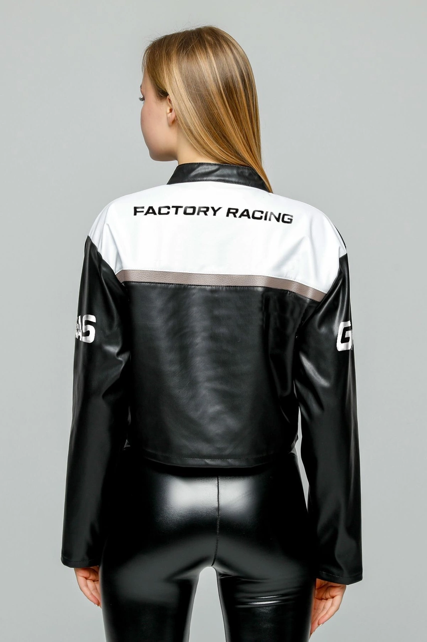 Kadın Oversize Baskılı Deri Şeritli Motorcu Montu Kısa Fermuarlı Yarışçı Ceketi Bomber Kolej Mont Gri