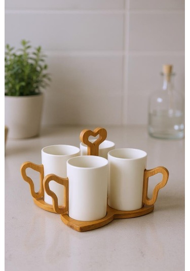 Bambum Fugu - Bambu Standlı 4'lü Kupa Seti Beyaz