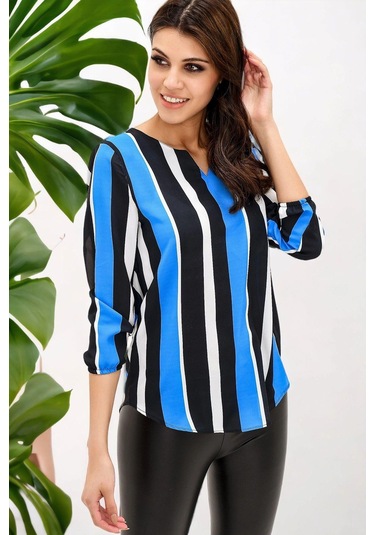 Kadın Siyah & Mavi Yakası Yırtmaçlı Çizgili Krep Bluz Truvakar Kol Kaliteli Dokulu Kumaş Siyah - Saks Mavi