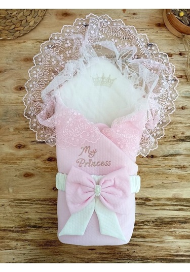 Unisex Bebek Kundağı & Battaniyesi - Ekru & Dantelli Hastane Çıkışı & Mevlütlük - %100 Pamuklu Pembe