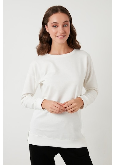 Lela Pamuklu Regular Fit Bisiklet Yaka Basic Bayan Sweat 5863569 Ekru