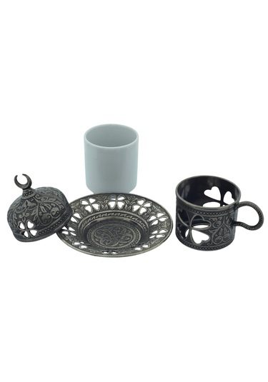 Yonca Desenli 6 Kişilik Porselenli Kapaklı 24 Parça Kalay Renk Fincan Seti Gri
