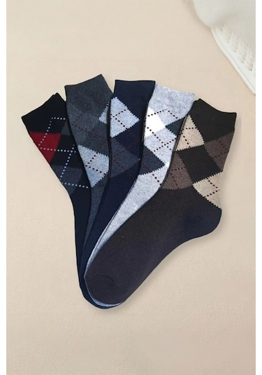 Erkek 5 Çift Günlük Sıkmayan Boğazlı Terletmez Ekose Desenli Baba Çorabı Asorti