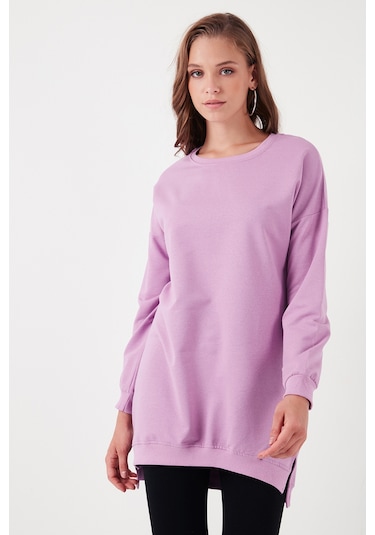 Lela Modest Pamuklu Bisiklet Yaka Oversize Fit Bayan Tunik 5864896 Lila
