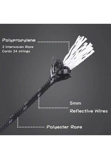 Lemestar 10 Adet 4mm 600d Polipropilen Işık Yansıtan Çadır Güvenlik Teli, Alüminyum Ayarlayıcı, 4m Uzunluk, 260kg Yük Dayanımı, Taşıma Çantası Dahil Siyah