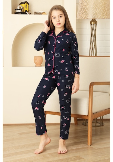 Kız Çocuk Pat Yakalı-baskılı Ve Düğme Kapamalı-%100 Pamuk Pijama Takımı 12352 Lacıvert