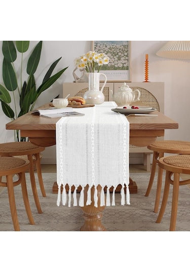 Beyaz Rustik Masa Koşucular, El Yapımı Püsküllü, Vintage Dokuma Pamuk Keten Masa Koşucu Uzun Parti Yemek Masası Dekorasyonu İçin 33 240