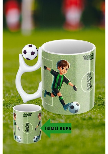 Siyah Beyaz Futbol Toplu Yeşil Siyah Forma Oyunculu Taraftar İsimli Baskılı Kupa Bardak Beyaz