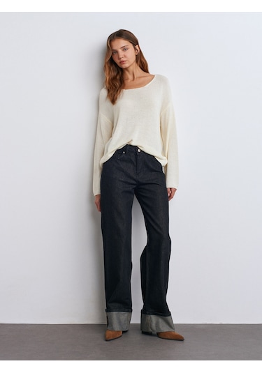 Dilvin 10706 Oval Yaka Yumuşak Dokulu Triko Kazak Ekru