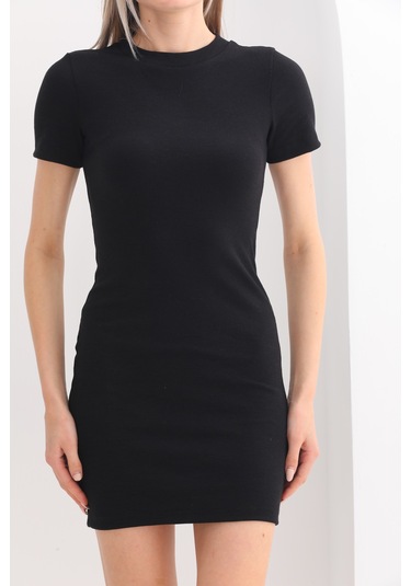 Kallima Siyah Kısa Kollu Mini Fitilli Esnek Kalem Elbise