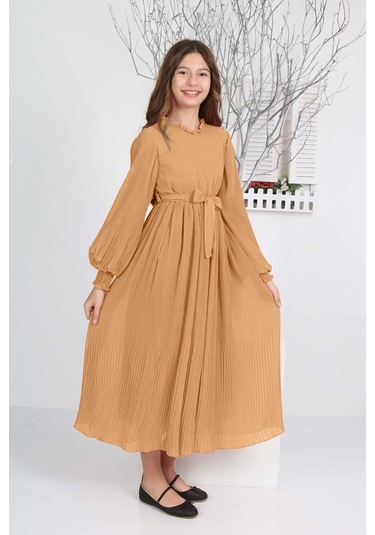 Kız Çocuk Uzun Boydan Pliseli Şifon Elbise Açık Kahve