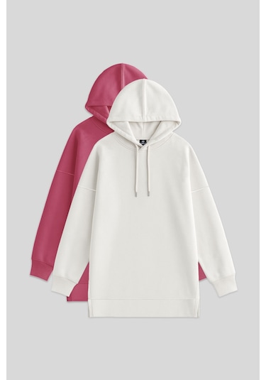 Oversize Kapüşonlu 2li Paket Ekru-yaban Gülü Kadın Tunik Sweatshirt - 97242 Ekru - Fuşya
