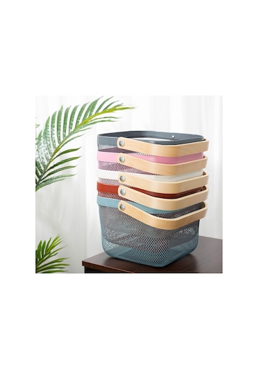 Sones Kare Ahşap Saplı Örgü Sepet Atıştırmalık Meyve Saklama Sepeti Gri