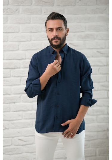 Regular Fit Yaka Düğmeli Yazlık Modal Kumaş Erkek Gömlek Lacivert