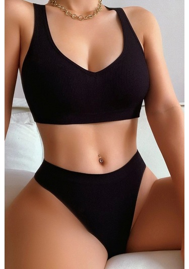 Kadın Siyah Desteksiz Seamless Tangalı İç Çamaşır Takımı Çok Renkli