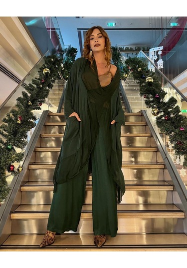 Italyan Ipek Detaylı Oversize Kaftan & Bluz-8711 Zümrüt Yeşili