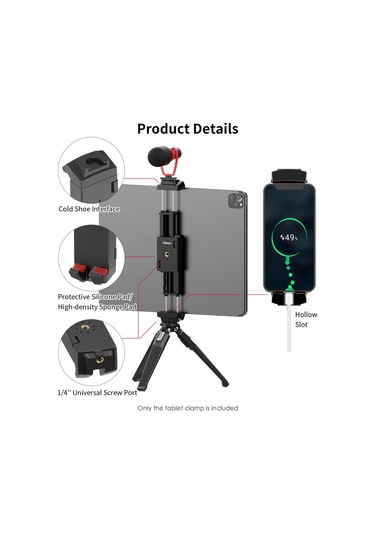 Mufunye Abs Malzeme Cep Telefonu Ve Tablet Tutucu, Üstte Soğuk Ayakkabı Bağlantısı, Şarj Esnekliği, 1/4 İnç Vida Delikli, Siyah