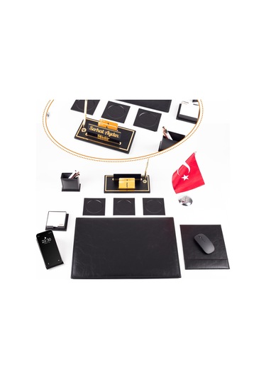 Optima 10 Parça Türk Bayraklı Siyah Deri Sümen Seti Takımı Gold Kalem Ofis Masa İsimliği İsimlik