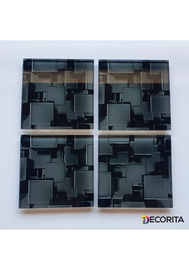 Decorita Cam Bardak Altlığı Siyah Küpler 4'lü Takım 10 CM x 10 CM Siyah