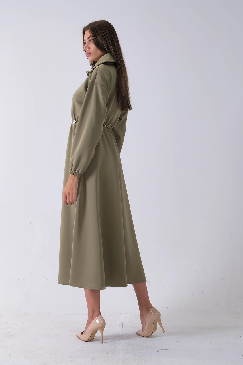 Feminist Haki Yaka Fermuar Detaylı Bel Ve Bileği Lastikli Kemerli Scuba Elbise 4593455.23 Haki