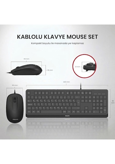 Philips SPT6238 Kablolu Türkçe Q Klavye ve Mouse Seti Siyah