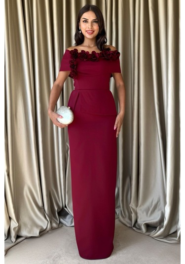 Vivenza Gül Detaylı Omuz Açık Kayık Yaka Uzun Bordo Abiye Elbise, Nişan Ve Düğün Zarafeti Bordo