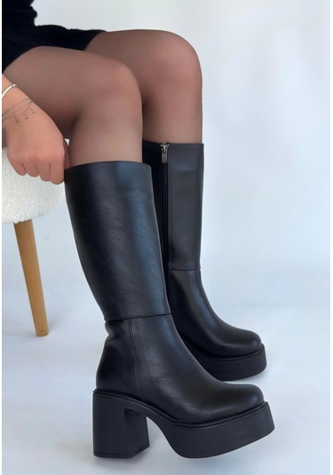 Disan Siyah Cilt Topuklu Çizme Siyah