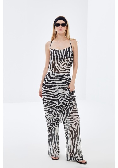 Zebra Desenli Sırt Dekolteli Şifon Elbise-zebra