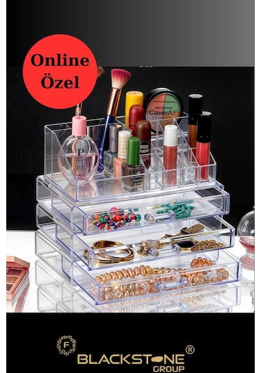 F Blackstone 3 Büyük Boy Çekmeceli Makyaj & Takı Organizeri Şeffaf Beyaz
