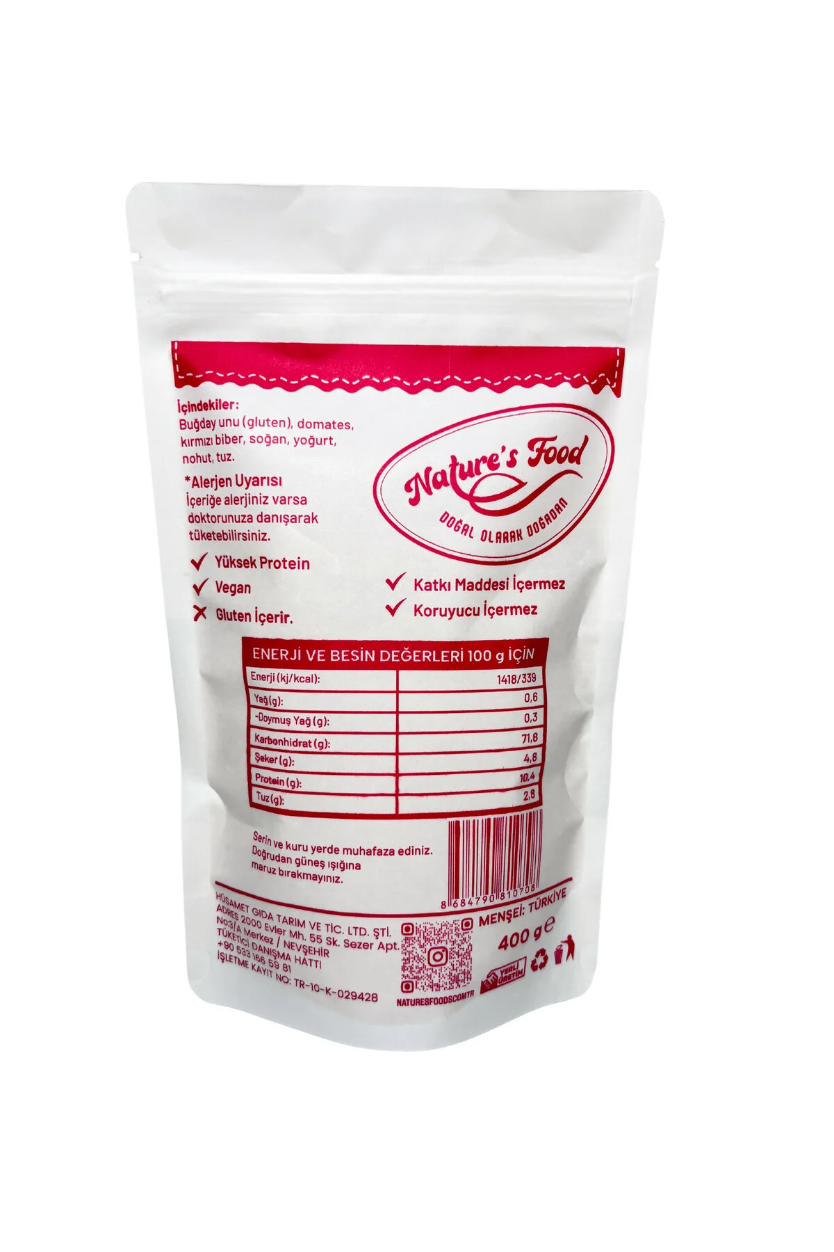 Geleneksel Tarhana 400gr Buğday Unu, Domates, Kırmızı Biber, Soğan, Yoğurt, Nohut, Çok Az Tuz.